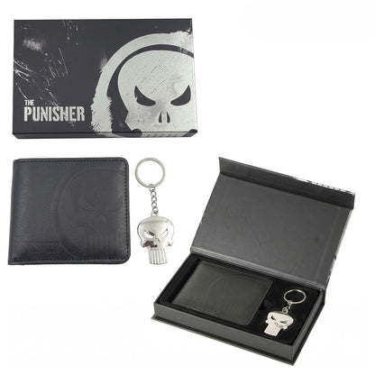 The Punisher Unisex Gift Set – Black PU Wallet with Skull Engraving and Metal Keyring, Official Marvel License, One Size, Daily Use