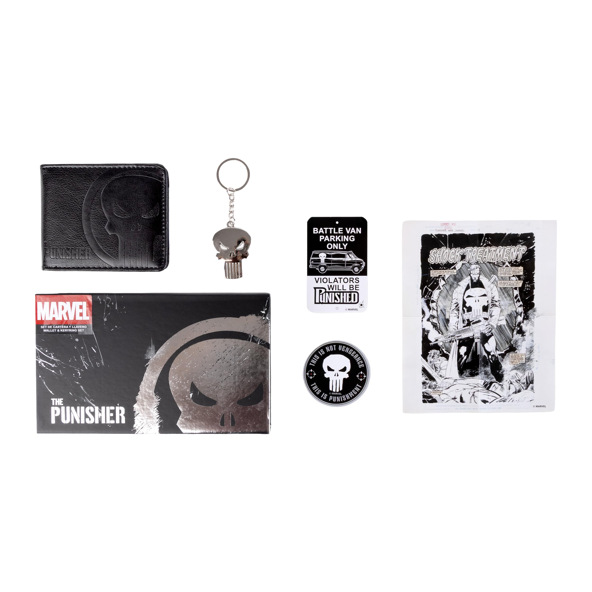 The Punisher Unisex Gift Set – Black PU Wallet with Skull Engraving and Metal Keyring, Official Marvel License, One Size, Daily Use