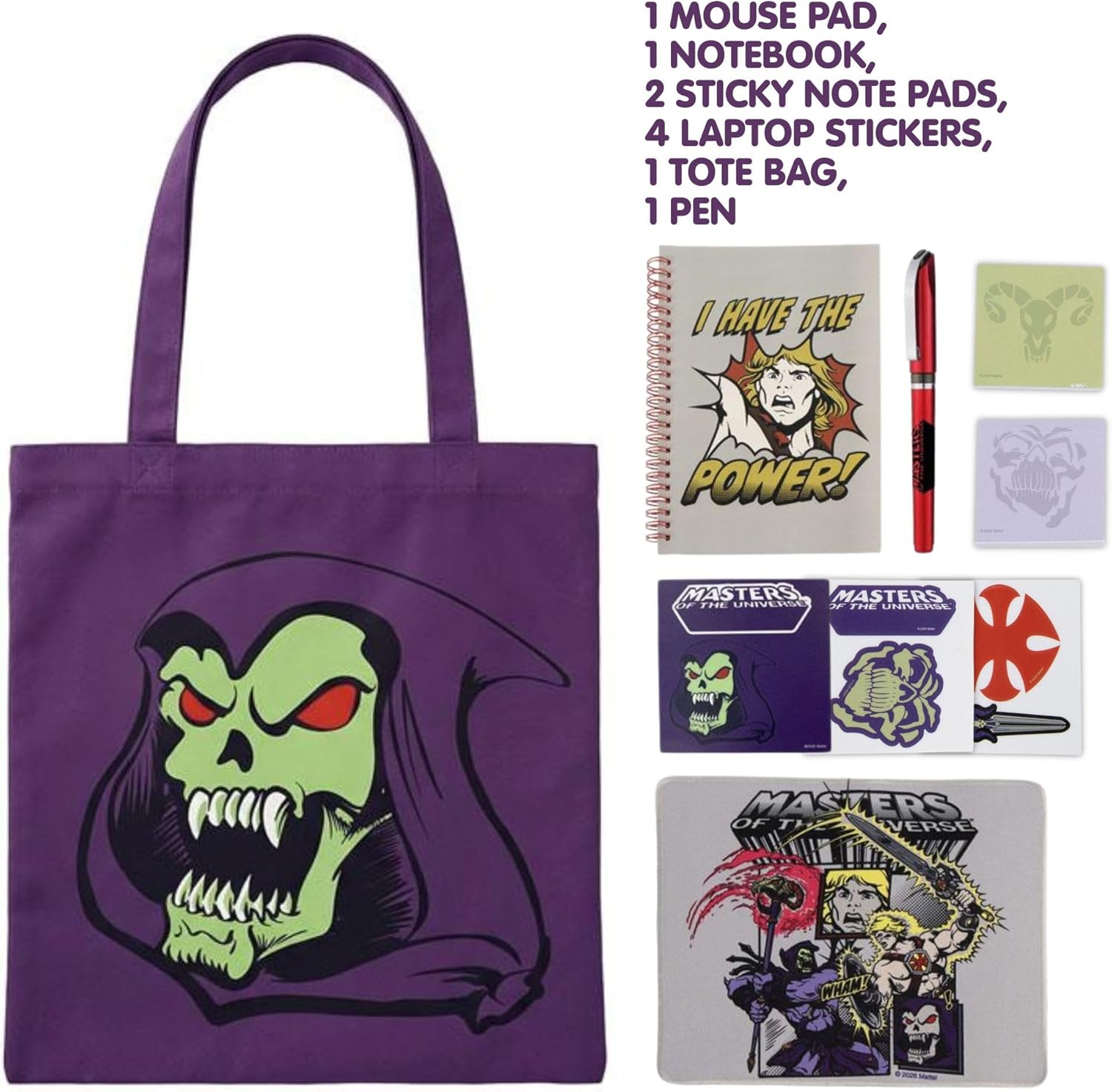 CERDÁ LIFE'S LITTLE MOMENTS He-Man stationery set including tote bag, laptop case, notebook, pen, sticker sheet and memo pad
