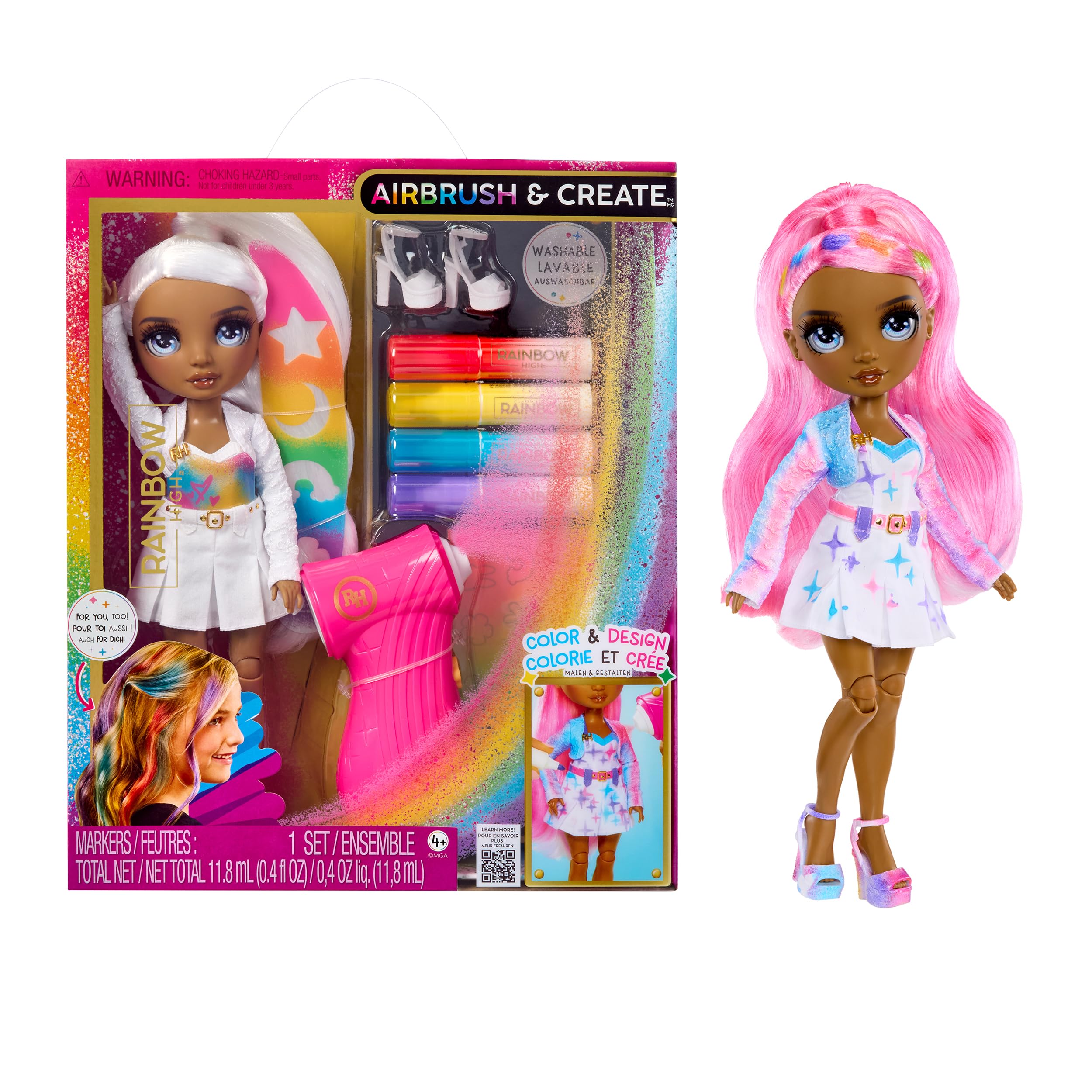 Rainbow High Air Brush & Create - 1 DIY Fashion Doll met Airbrush Market Kit, Afwasbare Rainbow Markers, Lang Haar, Grijze ogen, Creatief Spelen voor Kinderen van 4 tot 12+