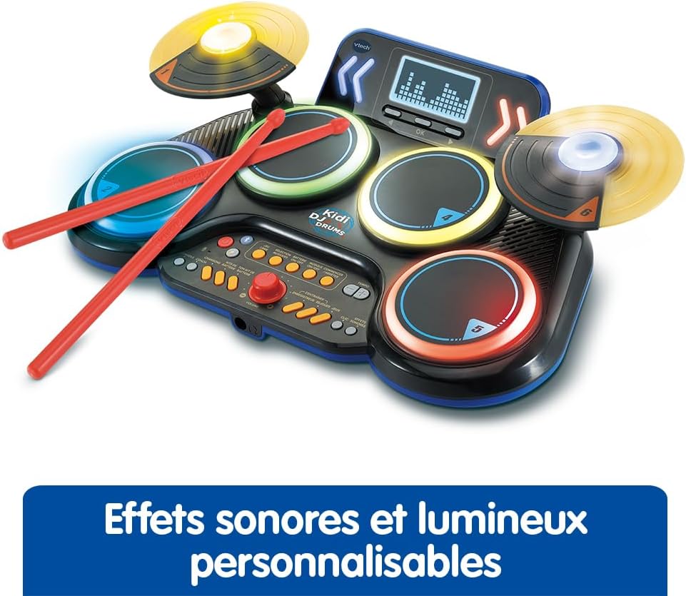 VTech - Kidi DJ Drums, elektronische batterij voor kinderen met lichtgevende pads, cimbalen, drumsticks, bluetooth, jack-aansluiting voor hoofdtelefoon, leren en spelletjes, cadeau voor kinderen vanaf