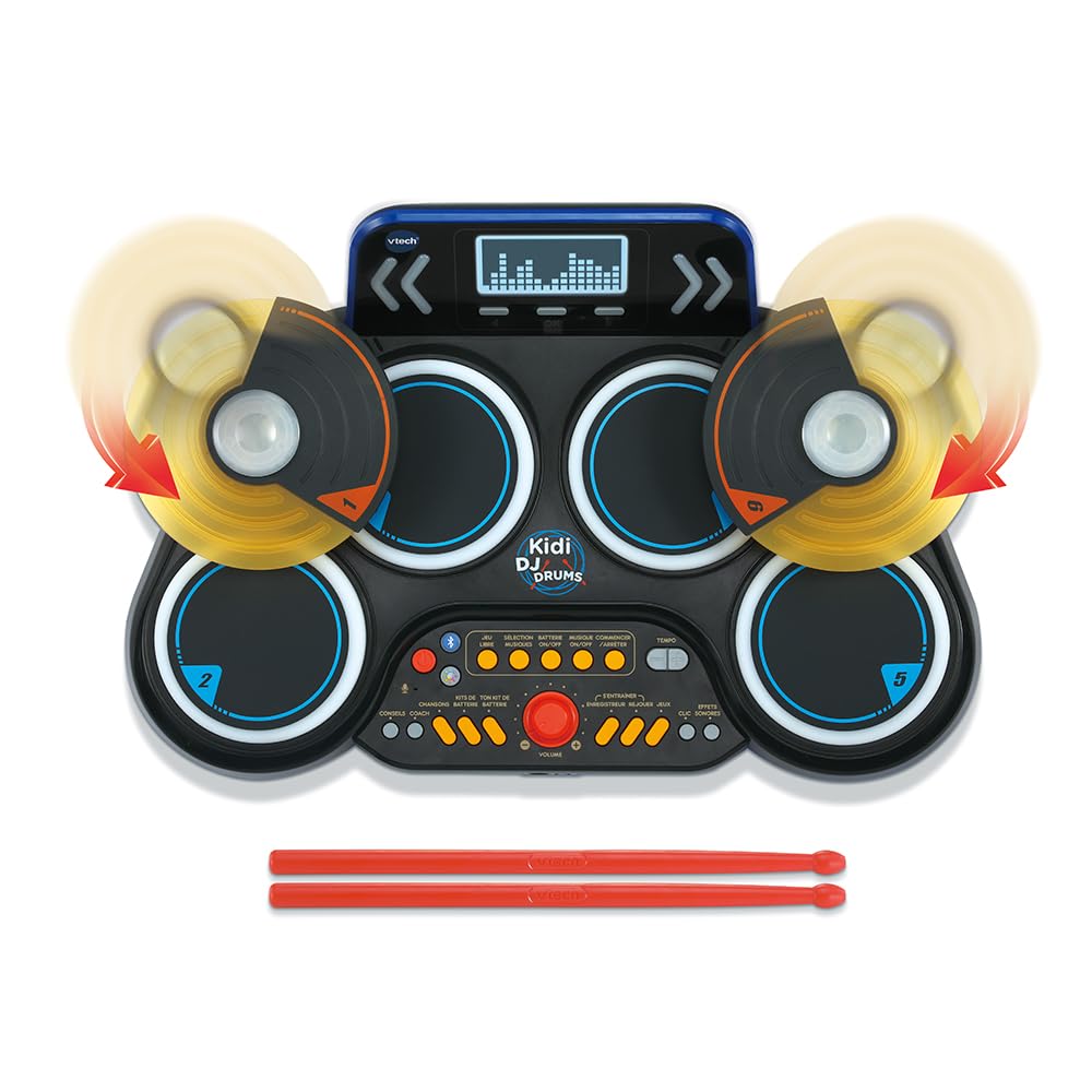 VTech - Kidi DJ Drums, elektronische batterij voor kinderen met lichtgevende pads, cimbalen, drumsticks, bluetooth, jack-aansluiting voor hoofdtelefoon, leren en spelletjes, cadeau voor kinderen vanaf