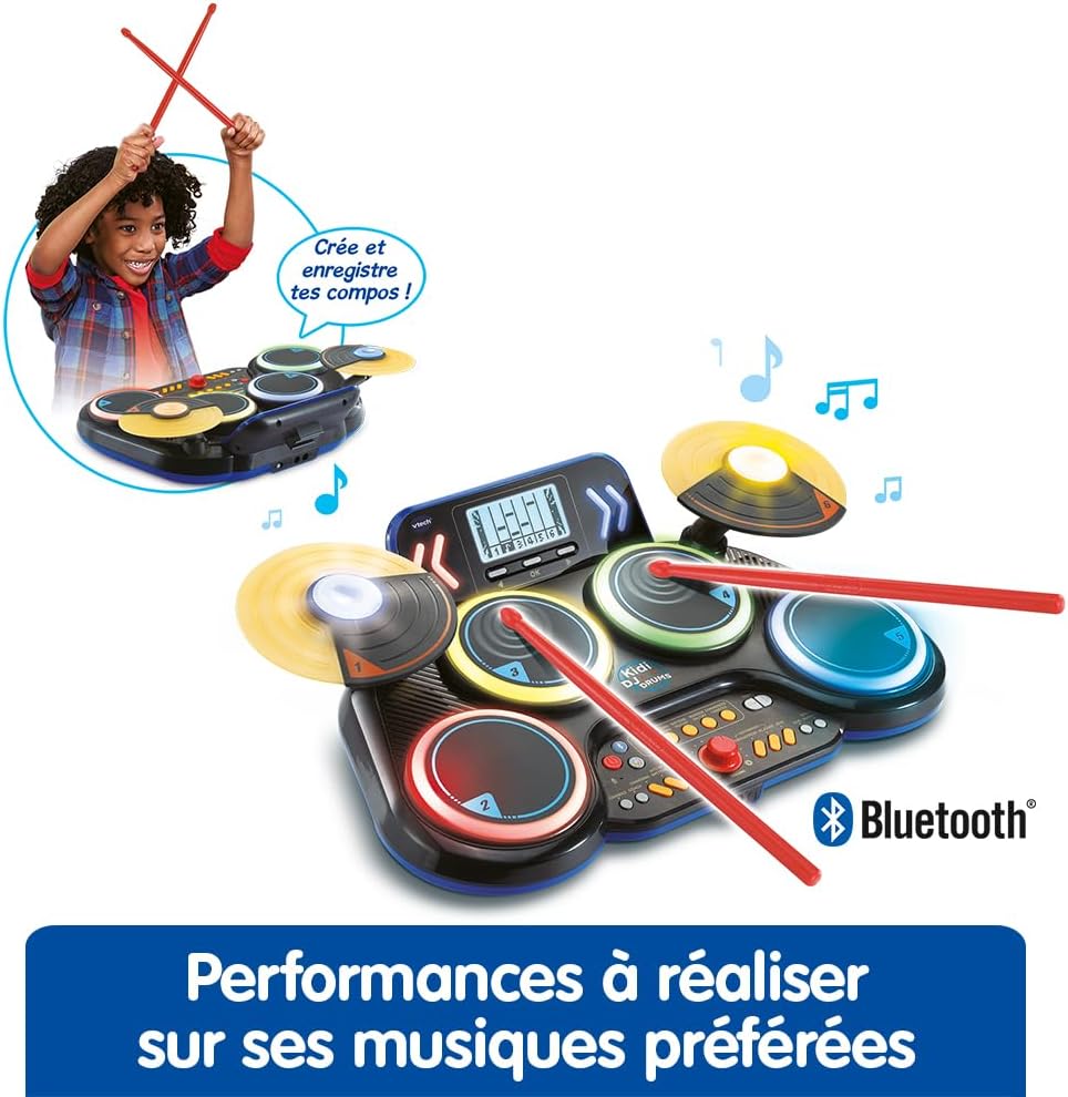 VTech - Kidi DJ Drums, elektronische batterij voor kinderen met lichtgevende pads, cimbalen, drumsticks, bluetooth, jack-aansluiting voor hoofdtelefoon, leren en spelletjes, cadeau voor kinderen vanaf