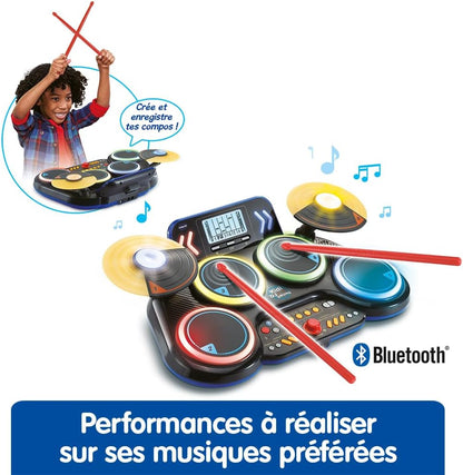 VTech - Kidi DJ Drums, elektronische batterij voor kinderen met lichtgevende pads, cimbalen, drumsticks, bluetooth, jack-aansluiting voor hoofdtelefoon, leren en spelletjes, cadeau voor kinderen vanaf