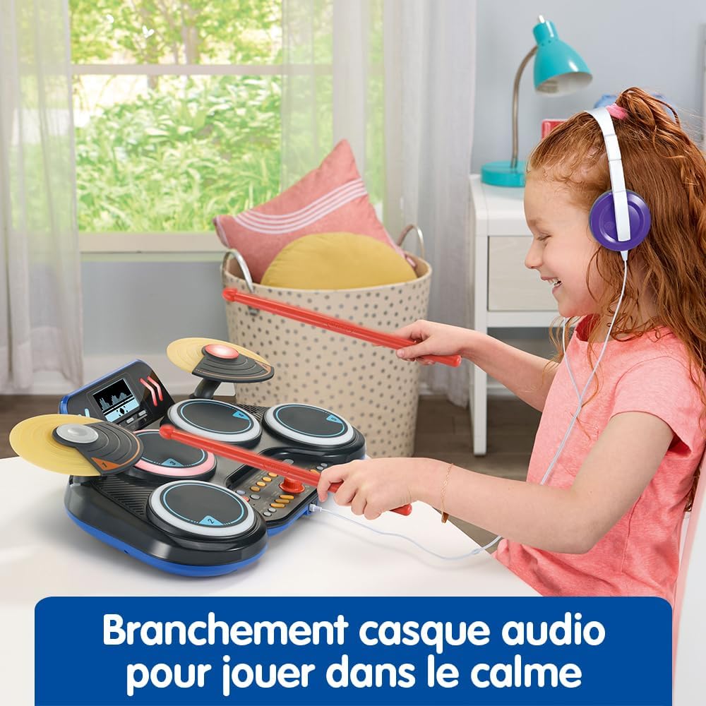 VTech - Kidi DJ Drums, elektronische batterij voor kinderen met lichtgevende pads, cimbalen, drumsticks, bluetooth, jack-aansluiting voor hoofdtelefoon, leren en spelletjes, cadeau voor kinderen vanaf
