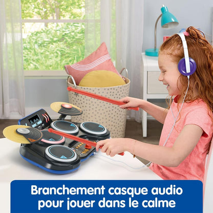 VTech - Kidi DJ Drums, elektronische batterij voor kinderen met lichtgevende pads, cimbalen, drumsticks, bluetooth, jack-aansluiting voor hoofdtelefoon, leren en spelletjes, cadeau voor kinderen vanaf