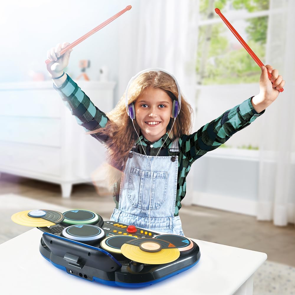 VTech - Kidi DJ Drums, elektronische batterij voor kinderen met lichtgevende pads, cimbalen, drumsticks, bluetooth, jack-aansluiting voor hoofdtelefoon, leren en spelletjes, cadeau voor kinderen vanaf