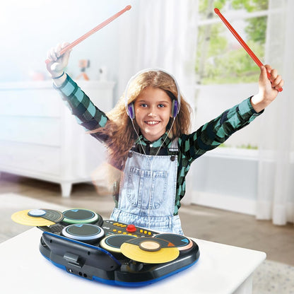 VTech - Kidi DJ Drums, elektronische batterij voor kinderen met lichtgevende pads, cimbalen, drumsticks, bluetooth, jack-aansluiting voor hoofdtelefoon, leren en spelletjes, cadeau voor kinderen vanaf