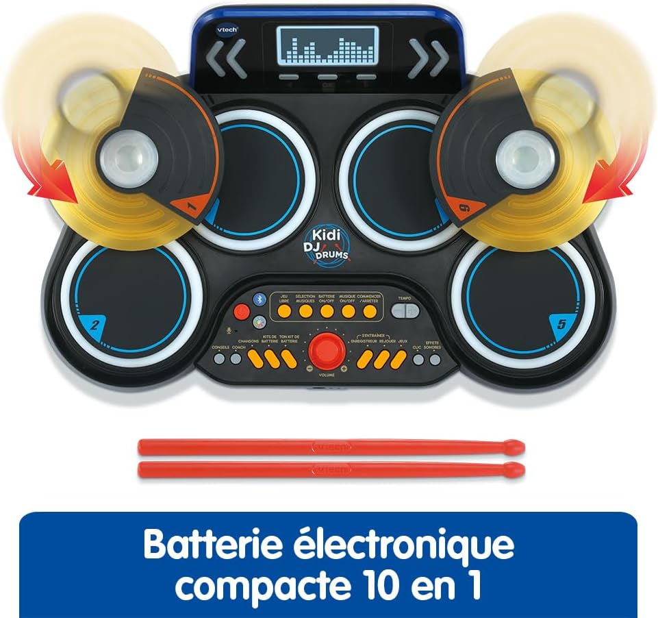 VTech - Kidi DJ Drums, elektronische batterij voor kinderen met lichtgevende pads, cimbalen, drumsticks, bluetooth, jack-aansluiting voor hoofdtelefoon, leren en spelletjes, cadeau voor kinderen vanaf