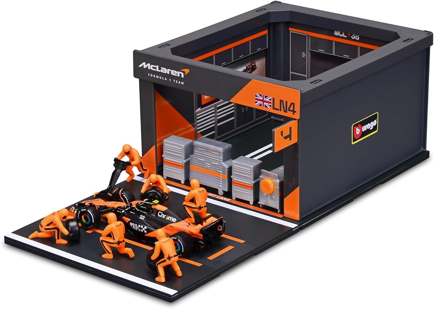 Bburago - Pit Stop McLaren MCL38 (2024) #4 Norris, Speelset met Diorama, Voertuig Schaal 1:43 en 6 Monteurs, Gedetailleerde Replica, McLaren-Licentie, Leeftijd 3+ Jaar