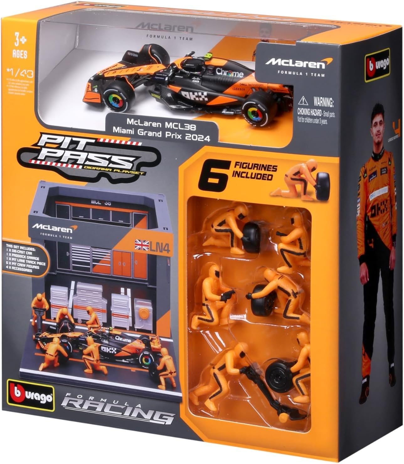Bburago - Pit Stop McLaren MCL38 (2024) #4 Norris, Speelset met Diorama, Voertuig Schaal 1:43 en 6 Monteurs, Gedetailleerde Replica, McLaren-Licentie, Leeftijd 3+ Jaar