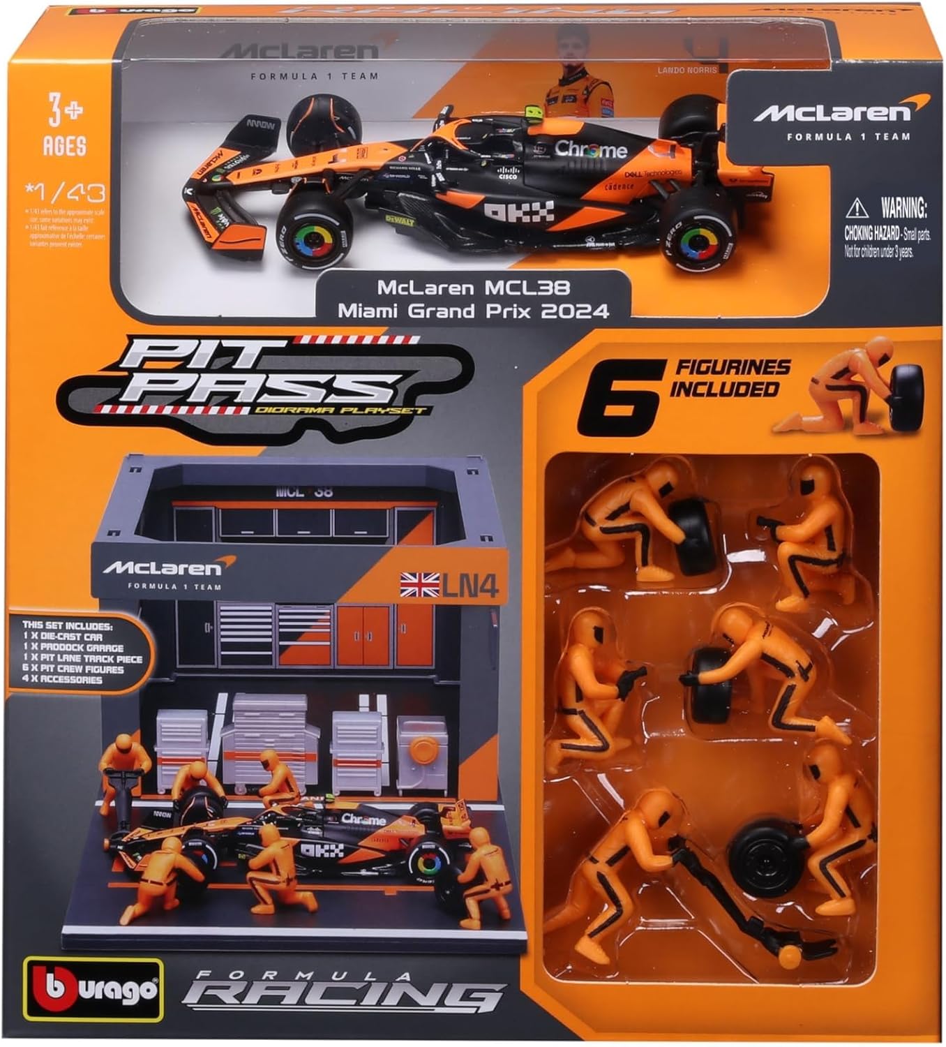 Bburago - Pit Stop McLaren MCL38 (2024) #4 Norris, Speelset met Diorama, Voertuig Schaal 1:43 en 6 Monteurs, Gedetailleerde Replica, McLaren-Licentie, Leeftijd 3+ Jaar