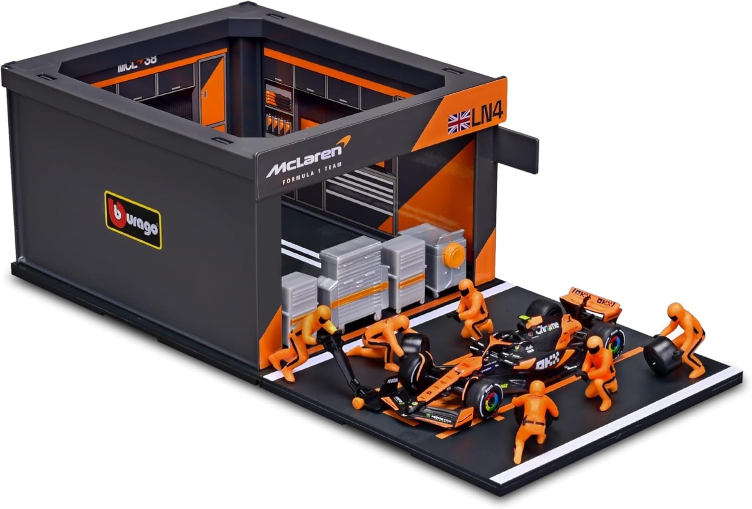 Bburago - Pit Stop McLaren MCL38 (2024) #4 Norris, Speelset met Diorama, Voertuig Schaal 1:43 en 6 Monteurs, Gedetailleerde Replica, McLaren-Licentie, Leeftijd 3+ Jaar