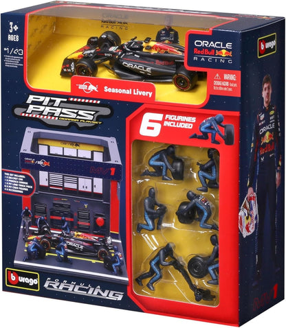 Bburago - Pit Stop Red Bull RB20 (2024) #1 Verstappen, Speelset met Diorama, Voertuig Schaal 1:43 en 6 Monteurs, Gedetailleerde Replica, Red Bull-Licentie, Leeftijd 3+ Jaar