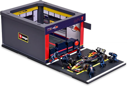 Bburago - Pit Stop Red Bull RB20 (2024) #1 Verstappen, Speelset met Diorama, Voertuig Schaal 1:43 en 6 Monteurs, Gedetailleerde Replica, Red Bull-Licentie, Leeftijd 3+ Jaar