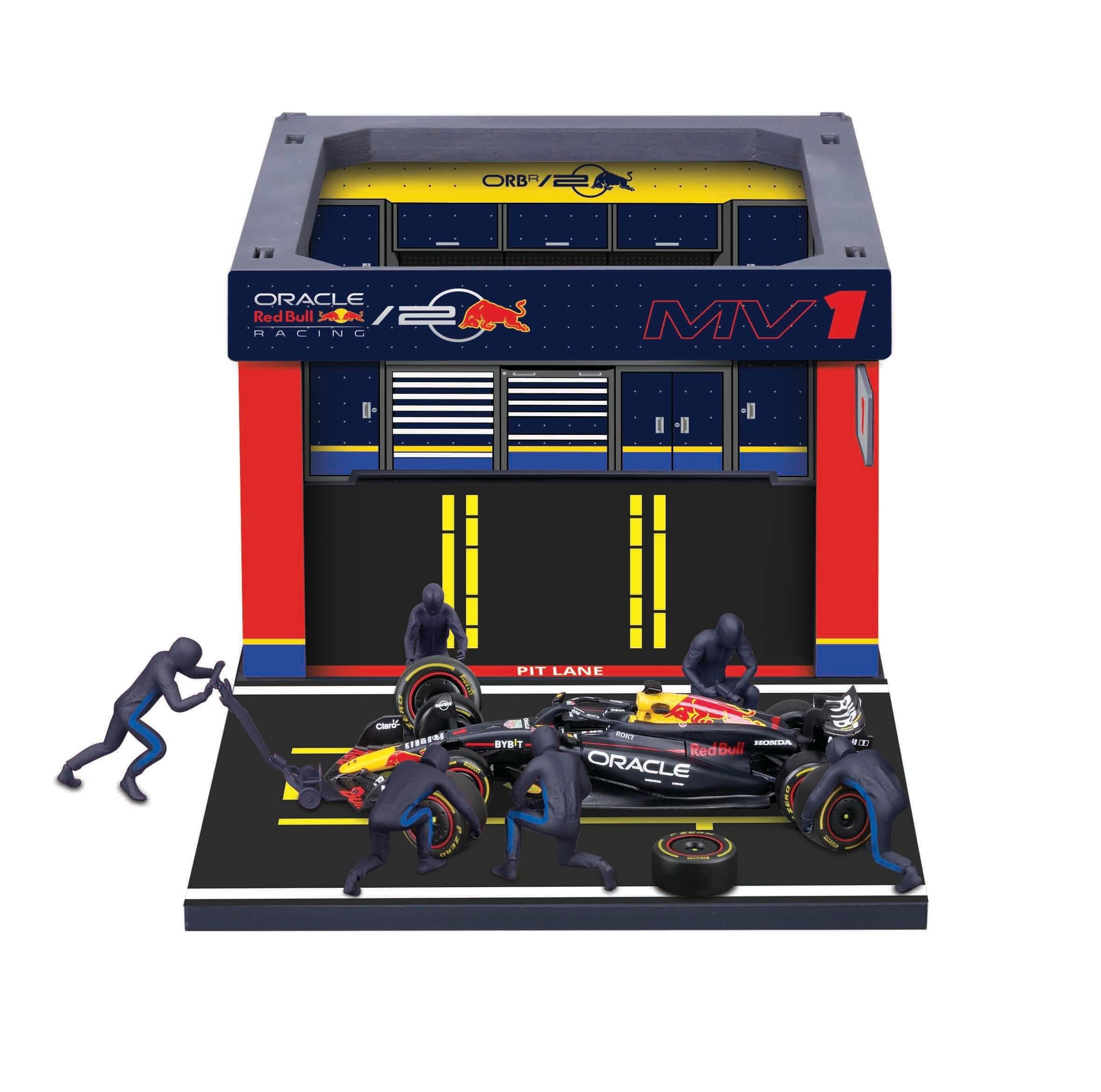 Bburago - Pit Stop Red Bull RB20 (2024) #1 Verstappen, Speelset met Diorama, Voertuig Schaal 1:43 en 6 Monteurs, Gedetailleerde Replica, Red Bull-Licentie, Leeftijd 3+ Jaar