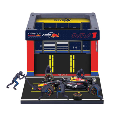 Bburago - Pit Stop Red Bull RB20 (2024) #1 Verstappen, Speelset met Diorama, Voertuig Schaal 1:43 en 6 Monteurs, Gedetailleerde Replica, Red Bull-Licentie, Leeftijd 3+ Jaar