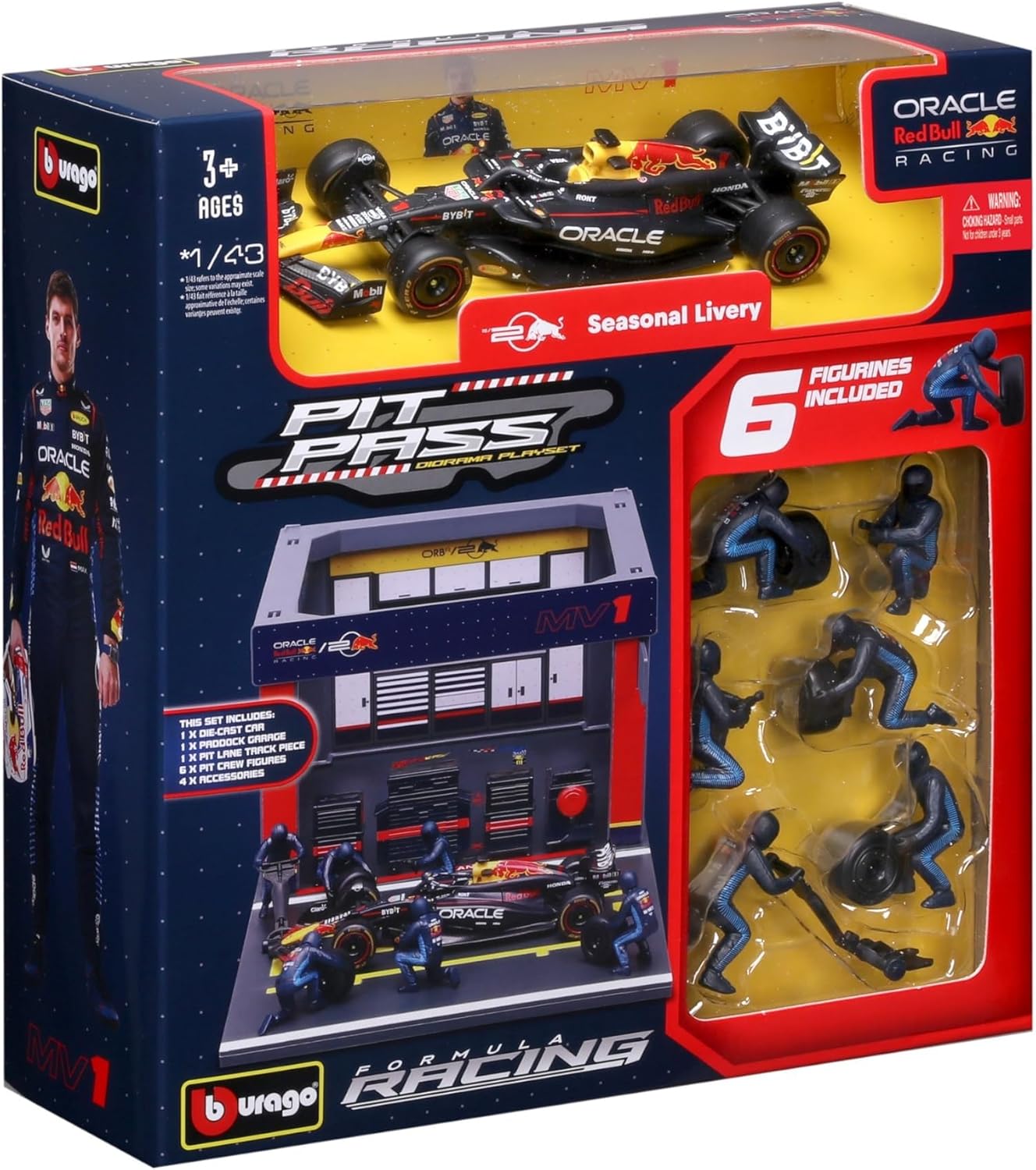 Bburago - Pit Stop Red Bull RB20 (2024) #1 Verstappen, Speelset met Diorama, Voertuig Schaal 1:43 en 6 Monteurs, Gedetailleerde Replica, Red Bull-Licentie, Leeftijd 3+ Jaar