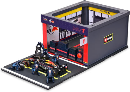 Bburago - Pit Stop Red Bull RB20 (2024) #1 Verstappen, Speelset met Diorama, Voertuig Schaal 1:43 en 6 Monteurs, Gedetailleerde Replica, Red Bull-Licentie, Leeftijd 3+ Jaar