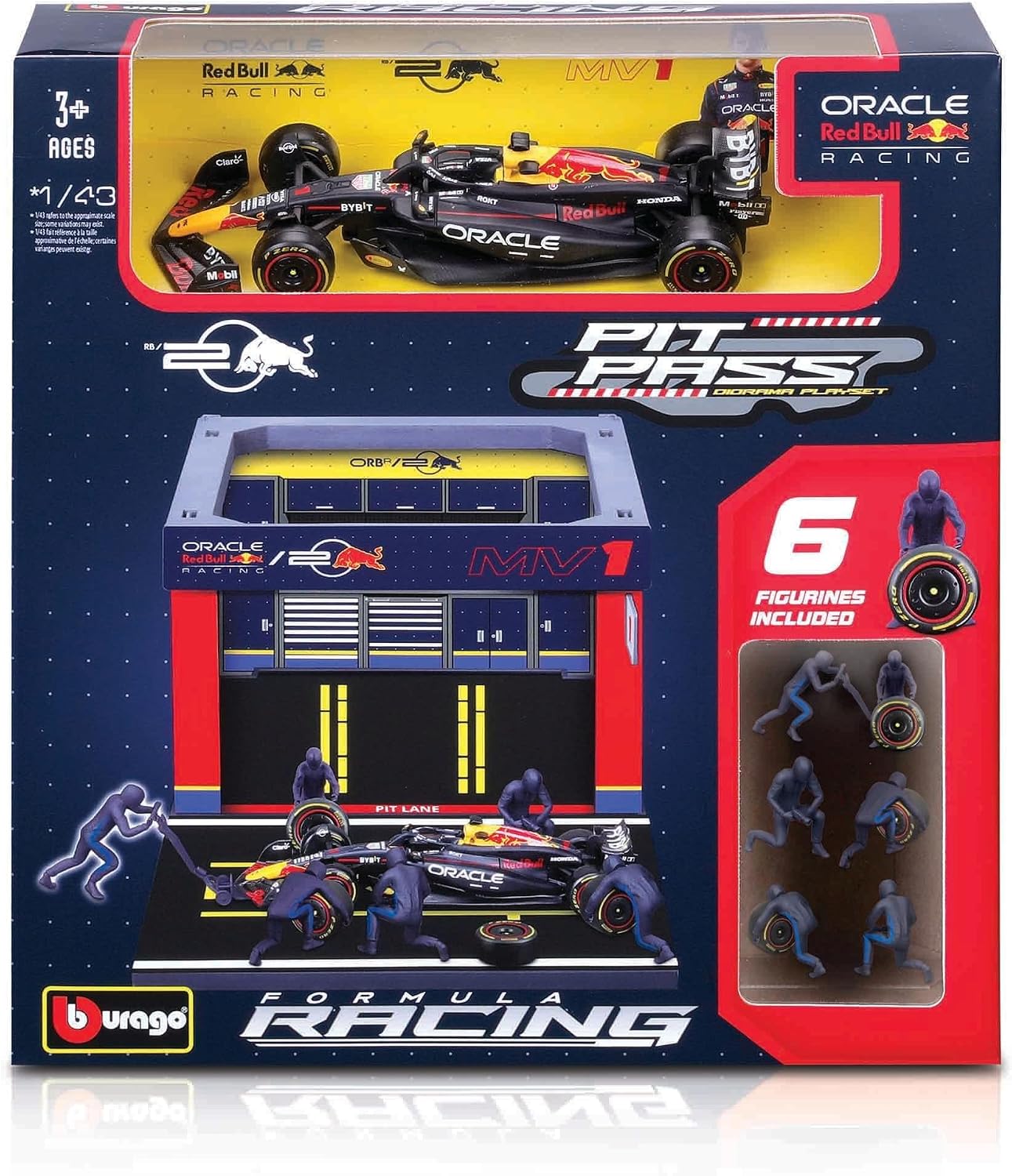 Bburago - Pit Stop Red Bull RB20 (2024) #1 Verstappen, Speelset met Diorama, Voertuig Schaal 1:43 en 6 Monteurs, Gedetailleerde Replica, Red Bull-Licentie, Leeftijd 3+ Jaar