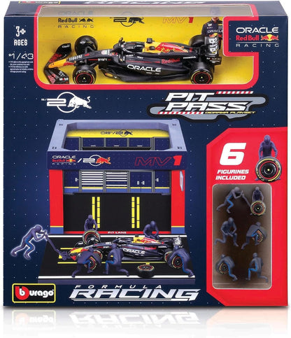 Bburago - Pit Stop Red Bull RB20 (2024) #1 Verstappen, Speelset met Diorama, Voertuig Schaal 1:43 en 6 Monteurs, Gedetailleerde Replica, Red Bull-Licentie, Leeftijd 3+ Jaar