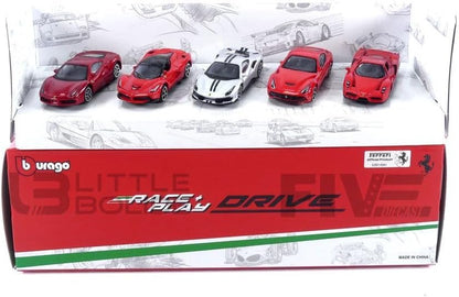 BBURAGO - Geschenkpakket 5 Ferrari Drives - 5 realistische iconische automodellen van 3" inch, officiële Ferrari-licentie, aanbevolen leeftijd 3+ jaar