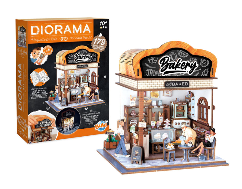 Diorama Bakkerij - Miniatuur Bakkerijmodel van hout met LED - Diorama DIY 179-delig - Bouwset kamerdecoratie - vanaf 10 jaar - 14,5 x 16,2 x 18 cm - BUKI France - 68073