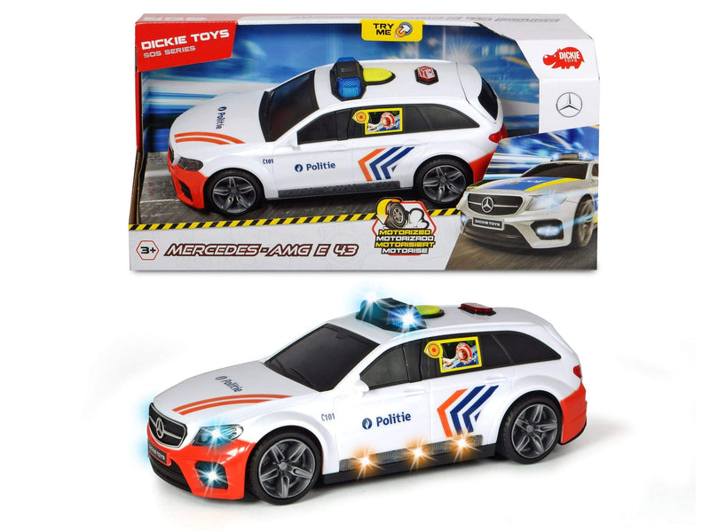 Dickie Toys - Mercedes-AMG E43 SOS Police BE-version, 30 cm, 1-16, vanaf 3 jaar, licht en geluid, blaffende hond, inclusief batterijen