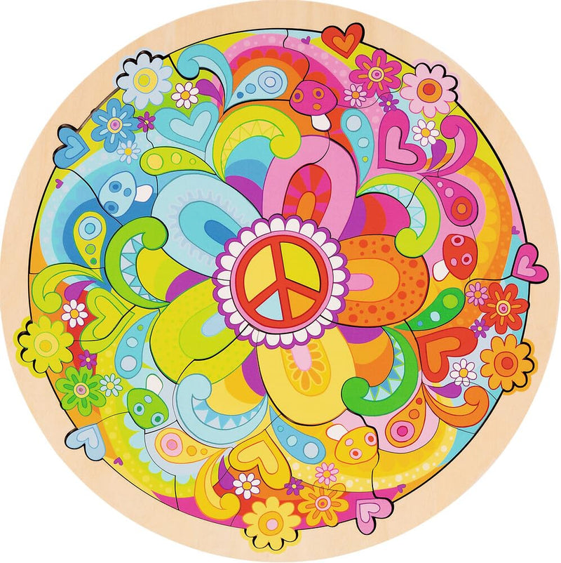 goki 57303 - inlegpuzzel Mandala Flowers - goki66-34-delige ronde kinderpuzzel van hout met kleurrijke bloemenmotieven en grote puzzelstukjes, diameter 29,5 cm