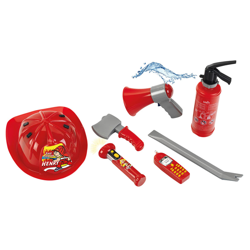 Theo Klein 8967 Fire Fighter Henry 7-delige brandweerset I Inclusief brandblusser met sproeifunctie, zaklamp en nog veel meer | Voor kinderen van 3 jaar en ouder