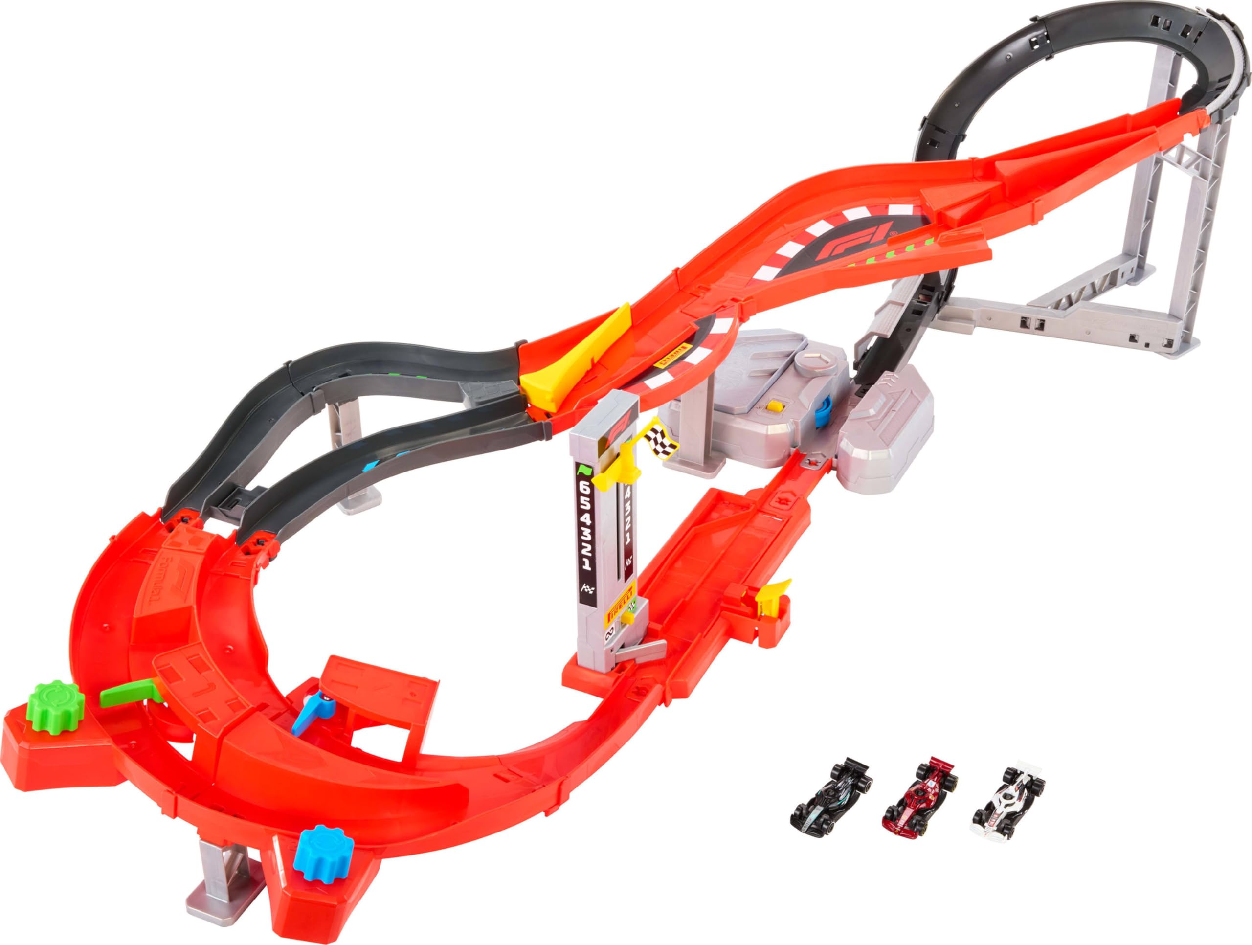 Hot Wheels Racing Formula 1 - Super Circuito, pista a tre corsie con propulsore e booster motorizzato per sfide testa a testa, 3 macchinine da corsa F1 incluse, JMC90