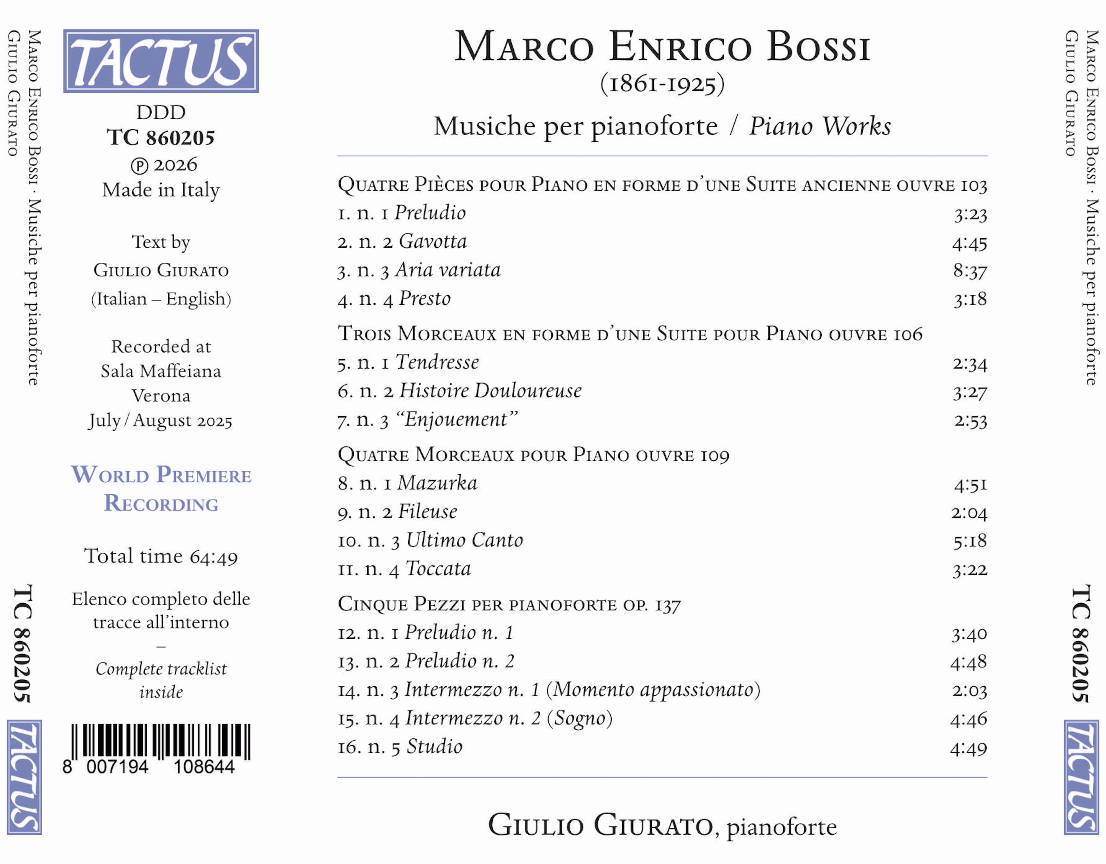 Marco Enrico Bossi: Musiche Per Pianoforte