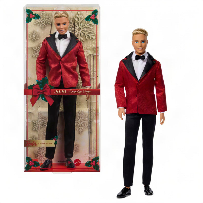 Barbie Signature 2026 Holiday Blonde Ken Collectible Fashion Doll | wearing Full Suit with Red Jacket in Displayable Packaging & Doll Stand, JJX87