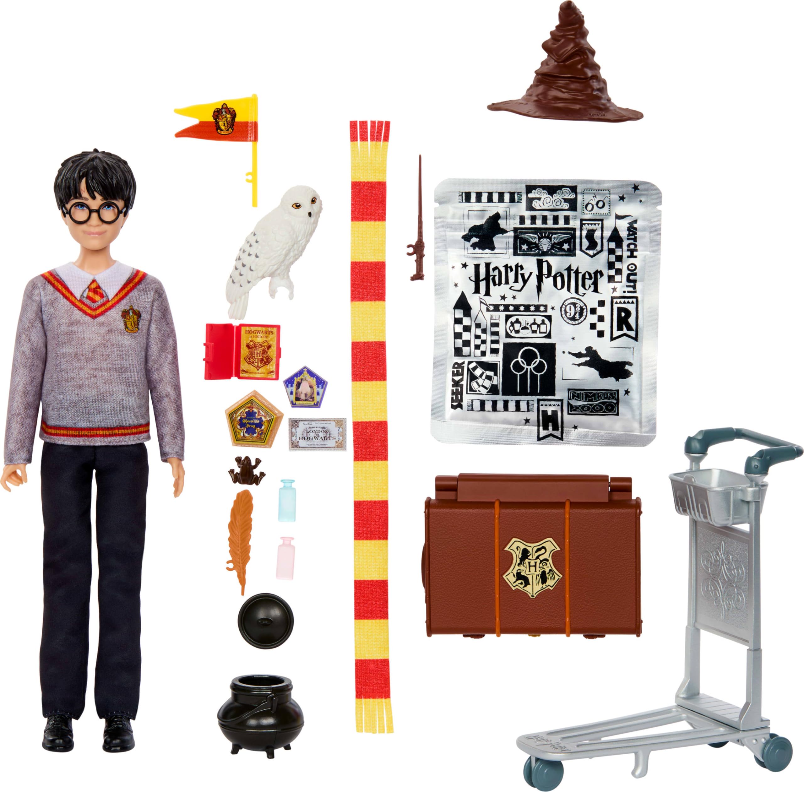 Mattel Harry Potter Toys, Platform 9 3/4 Journey to Hogwarts Doll Set | Harry Potter Fashion Doll, 5 Articulation Points, 17 Themed Accessories, Slime, Inspired by the Movie, Ages 6+, JMM74