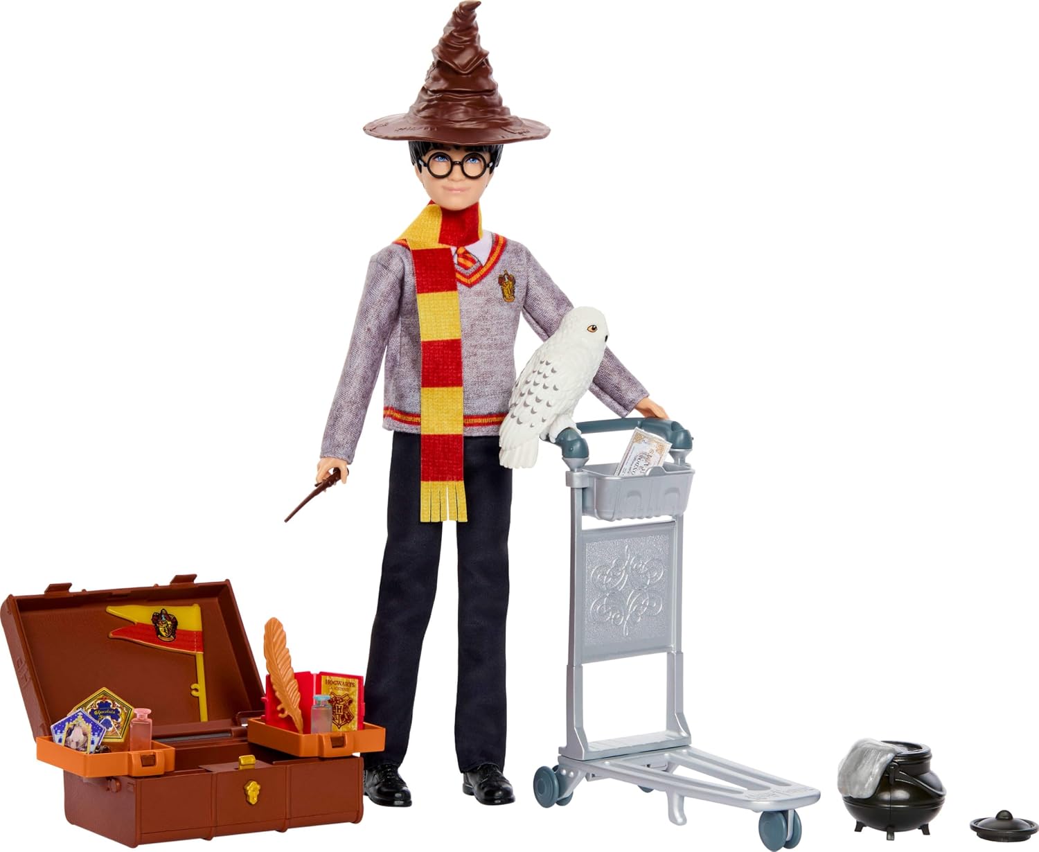 Mattel Harry Potter Toys, Platform 9 3/4 Journey to Hogwarts Doll Set | Harry Potter Fashion Doll, 5 Articulation Points, 17 Themed Accessories, Slime, Inspired by the Movie, Ages 6+, JMM74
