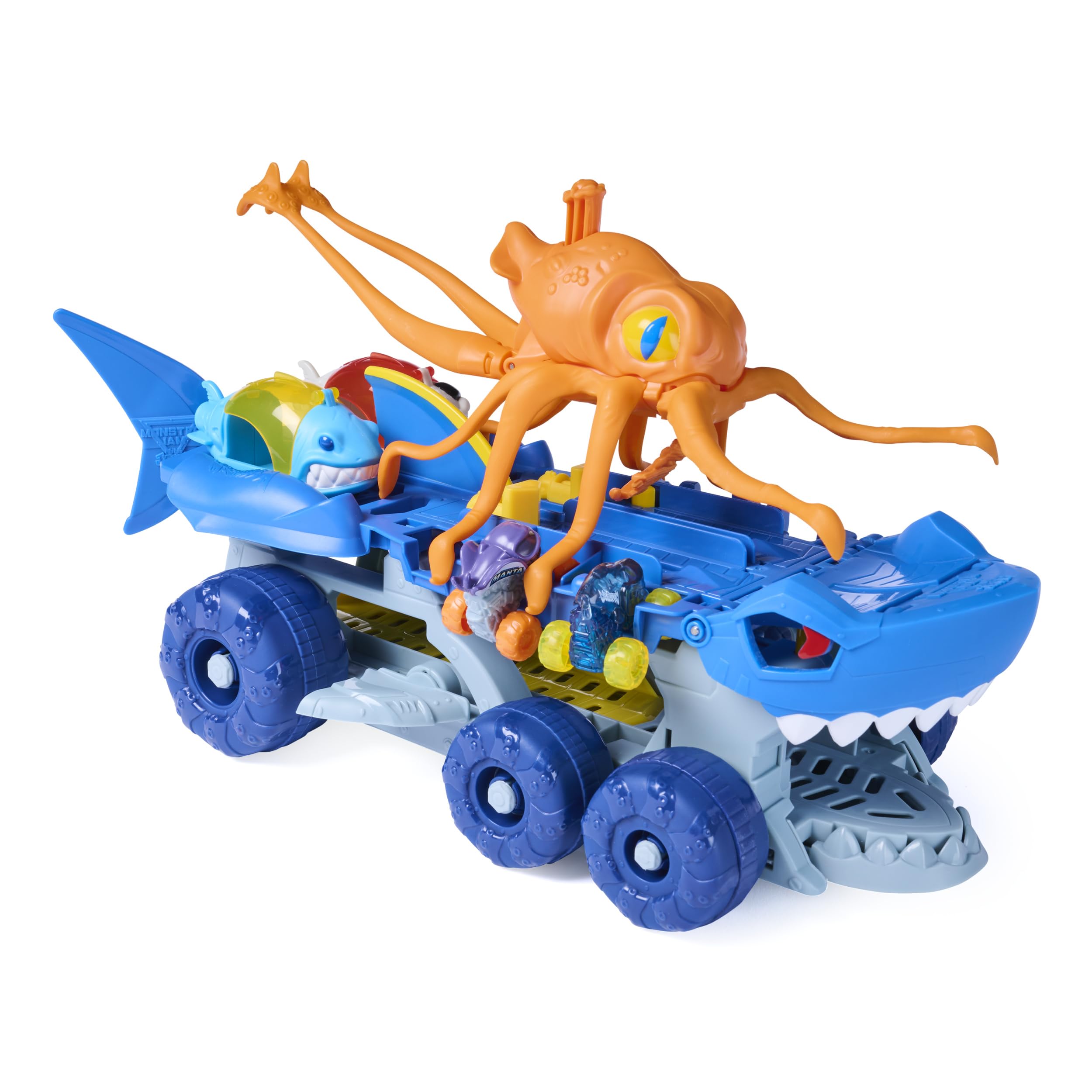 Monster Jam Mini Jams Megalodon Squid Takedown Monster Trucks Playset | Exclusive Megalodon & Monster Manta Mini Toy Trucks, Catapulting Squid, Store & Launch, Pretend Play Gifts for Kids Ages 3+
