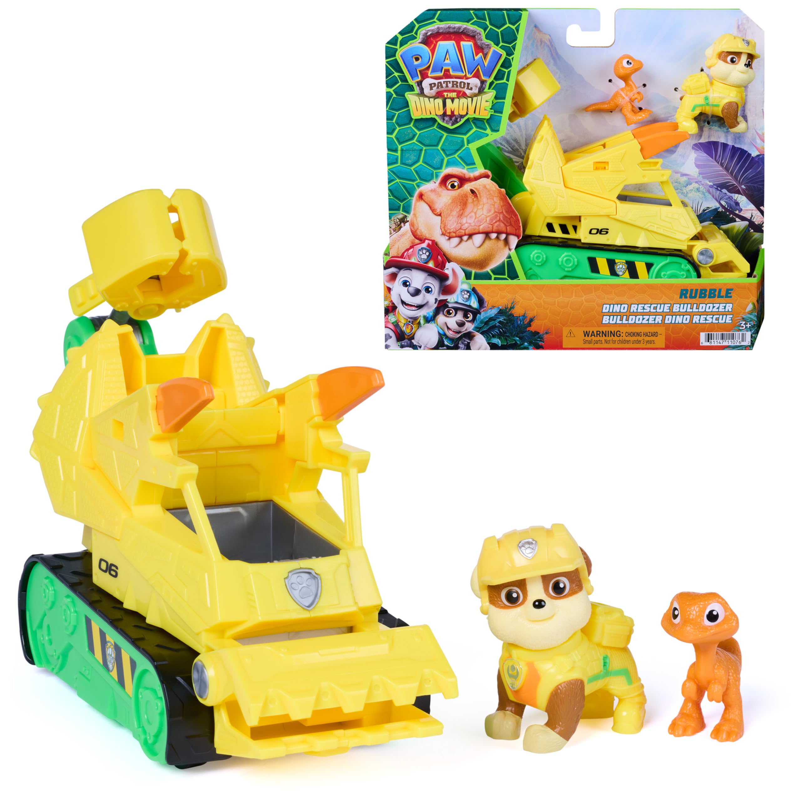 PAW PATROL Der Dino Film Rubbles Dino-Rettungs-Bulldozer, ab 3 Jahren | 18 cm Rettungs-Bulldozer | Mit Rubble & Dino-Figur | Mit beweglicher Greifschaufel