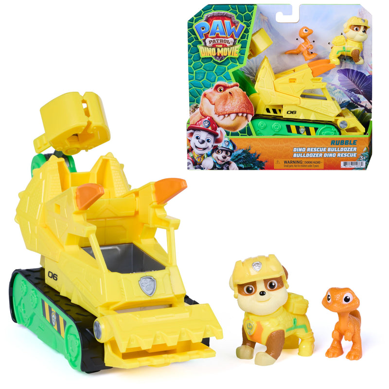 PAW PATROL Der Dino Film Rubbles Dino-Rettungs-Bulldozer, ab 3 Jahren | 18 cm Rettungs-Bulldozer | Mit Rubble & Dino-Figur | Mit beweglicher Greifschaufel