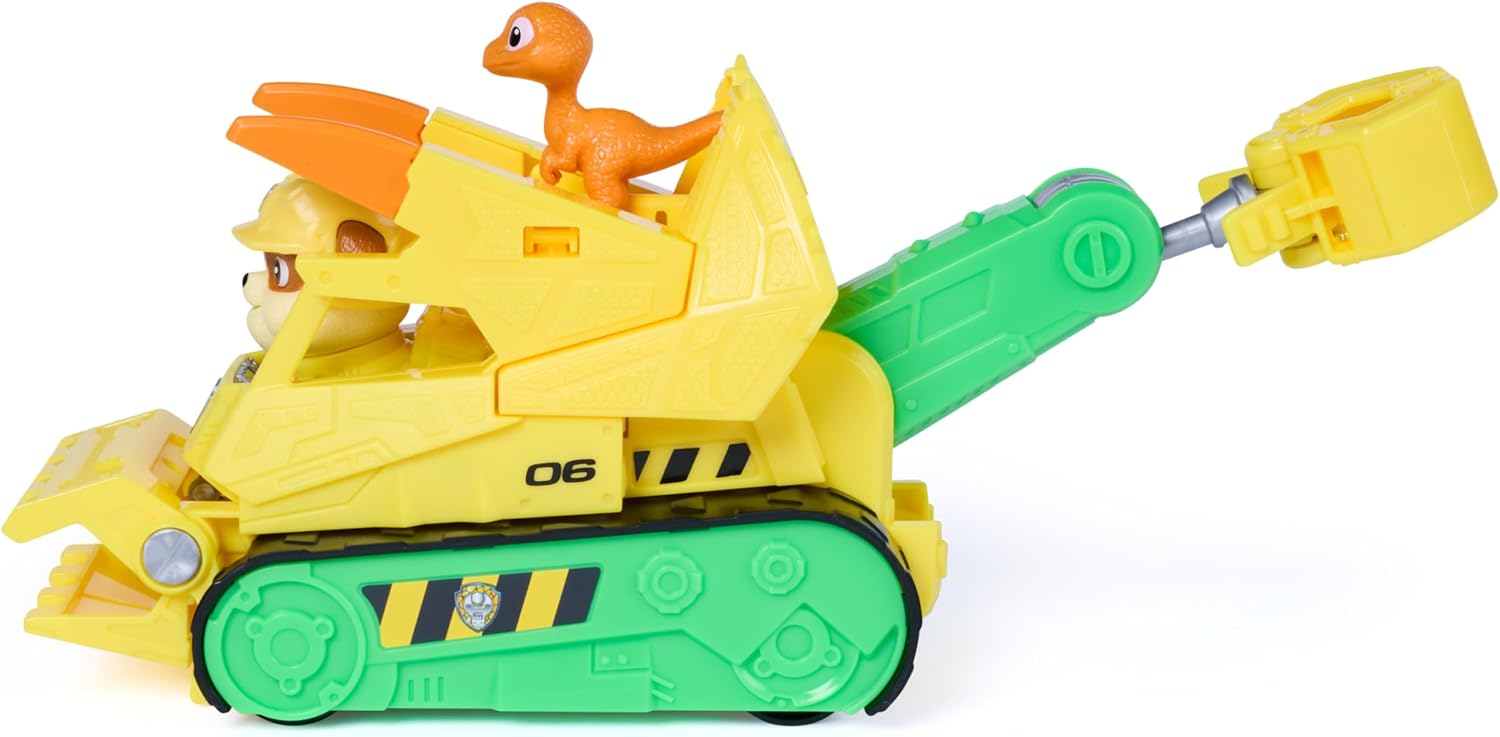 PAW PATROL Der Dino Film Rubbles Dino-Rettungs-Bulldozer, ab 3 Jahren | 18 cm Rettungs-Bulldozer | Mit Rubble & Dino-Figur | Mit beweglicher Greifschaufel