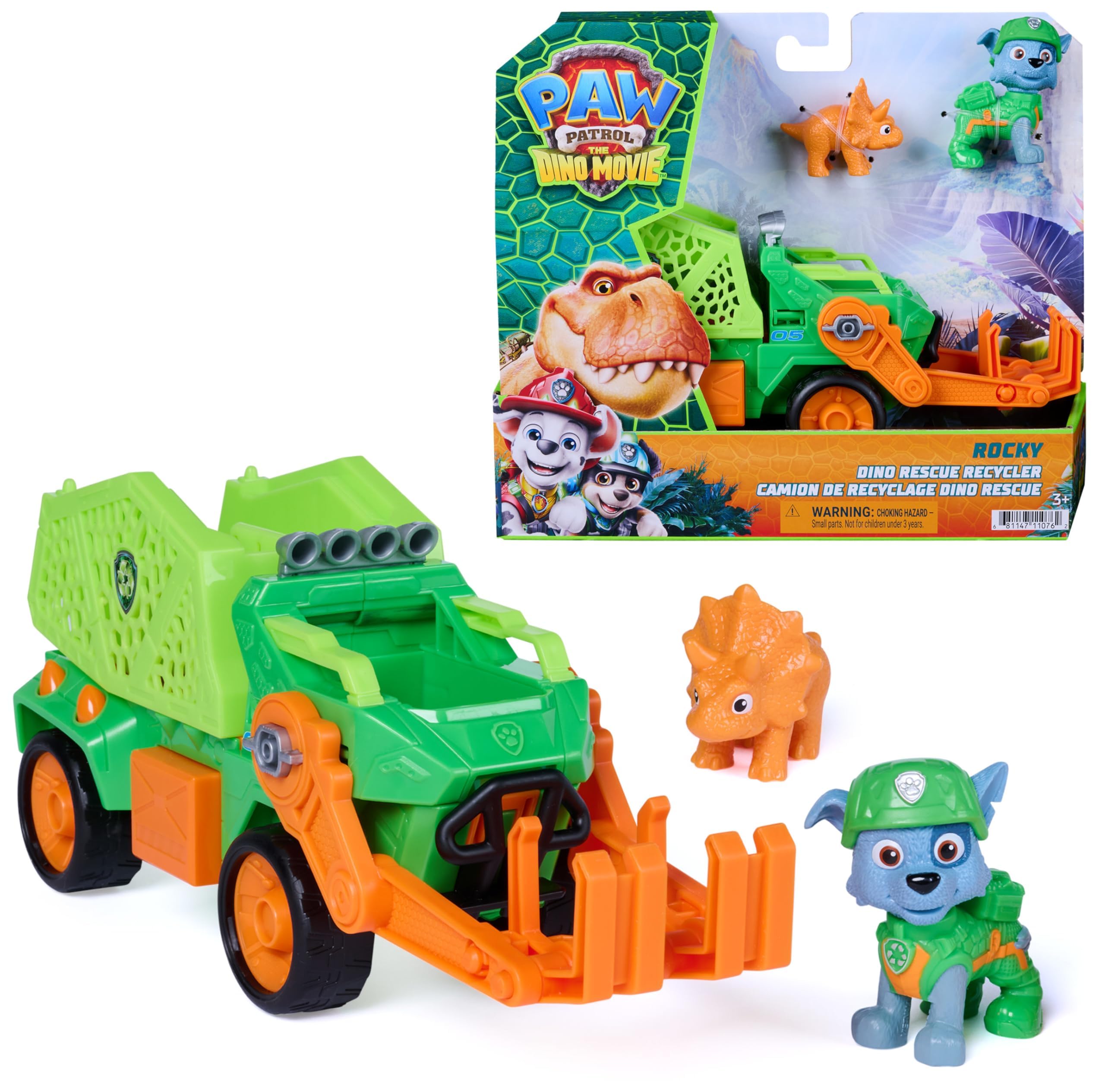PAW PATROL Der Dino Film Rockys Dino-Rettungs-Recycler, ab 3 Jahren | 23 cm Rettungs-Recycler | Mit Rocky & Dino-Figur | Mit beweglichem Greifer und Geheimfach