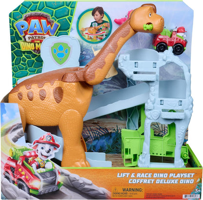 PAW PATROL: Der Dino Film, Pup Squad Lift & Race Dino Spielset mit Marshall Racer und Rhabarber-Figur, Spielzeug für Kinder ab 3 Jahren