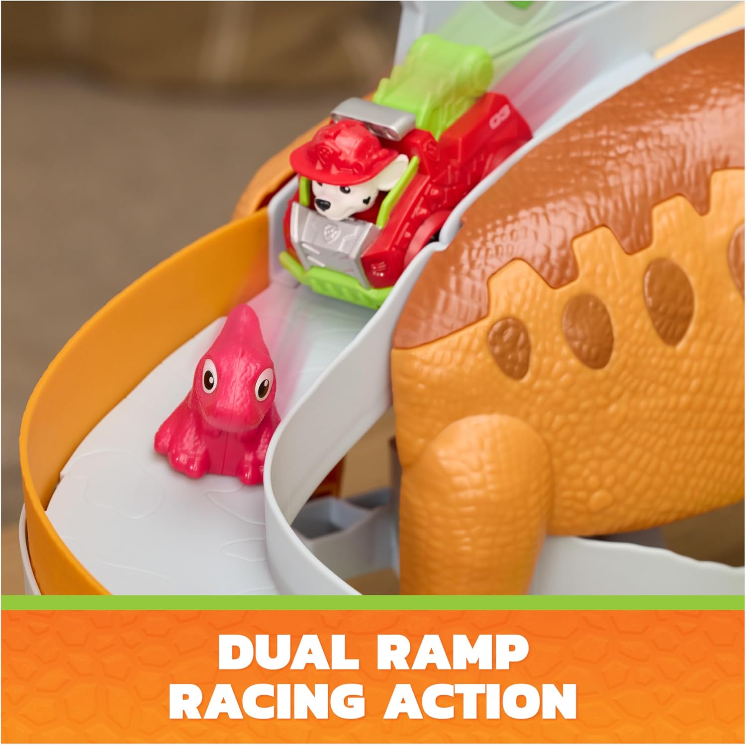 PAW PATROL: Der Dino Film, Pup Squad Lift & Race Dino Spielset mit Marshall Racer und Rhabarber-Figur, Spielzeug für Kinder ab 3 Jahren