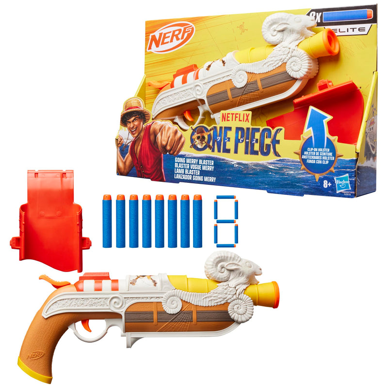 Nerf Netflix One Piece Going Merry Blaster, Clip On Holster, 8 Nerf Elite Darts, Inspired by the Netflix TV Series, Toys & Gifts for Children Aged 8+