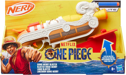 Nerf Netflix One Piece Going Merry Blaster, Clip On Holster, 8 Nerf Elite Darts, Inspired by the Netflix TV Series, Toys & Gifts for Children Aged 8+