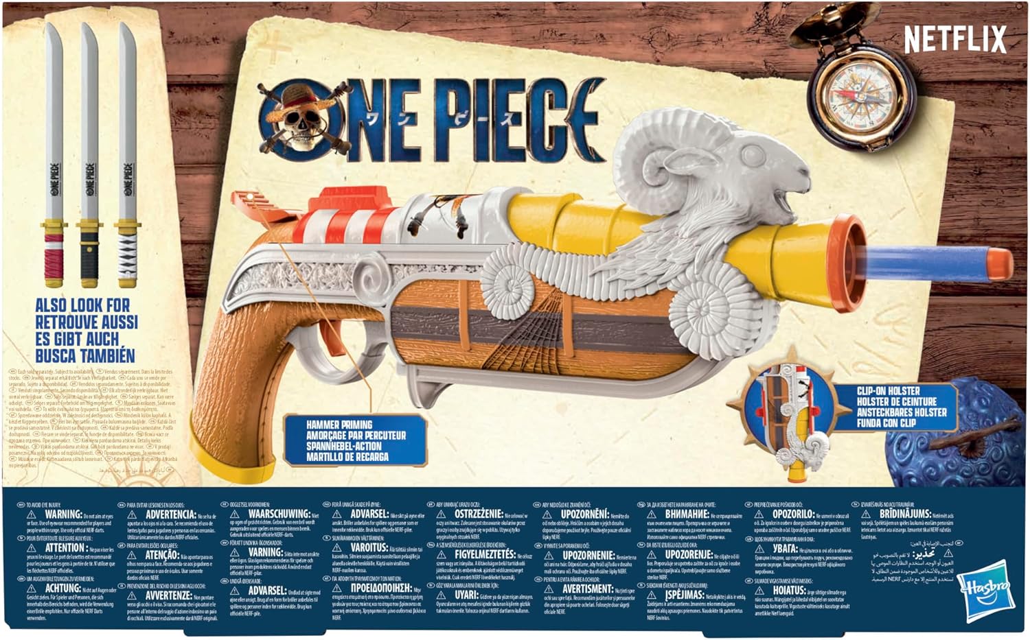 Nerf Netflix One Piece Going Merry Blaster, Clip On Holster, 8 Nerf Elite Darts, Inspired by the Netflix TV Series, Toys & Gifts for Children Aged 8+