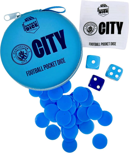 Official Manchester City Football Pocket Dice Game | Licensed Travel Dice Game for 2 Players | Fast-Paced Football Strategy Game with Tokens, Cards & Goal Scoring Action | Portable Family Game