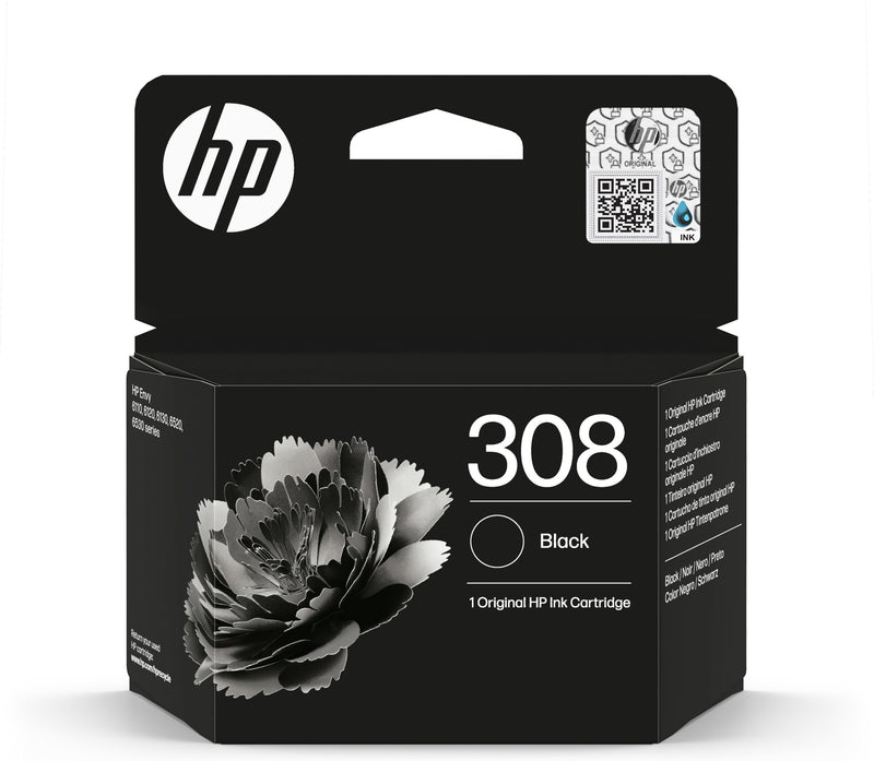 HP 308 Black Original Ink Cartridge | Compatible with HP Envy 6110, 6120, 6130, 6520, 6530 ,HP DeskJet 2910, 2920, 4310, 4320, 4330, yield 160 pages (7FP21UE)