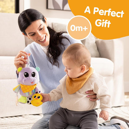 Lamaze Hayley the Hippo Clip On, Baby Sensory Toy with Clip for Pram, Pushchair and Car Seat, Teether, Squeaky Duck, Jingle Sounds, Soft Textures and High Contrast Colours, 0 to 6 Months