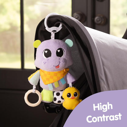 Lamaze Hayley the Hippo Clip On, Baby Sensory Toy with Clip for Pram, Pushchair and Car Seat, Teether, Squeaky Duck, Jingle Sounds, Soft Textures and High Contrast Colours, 0 to 6 Months