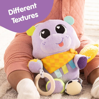 Lamaze Hayley the Hippo Clip On, Baby Sensory Toy with Clip for Pram, Pushchair and Car Seat, Teether, Squeaky Duck, Jingle Sounds, Soft Textures and High Contrast Colours, 0 to 6 Months
